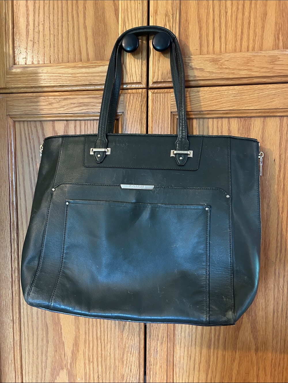 Coach Dark Green Leather Tote with Front Pocket and Silver Hardware